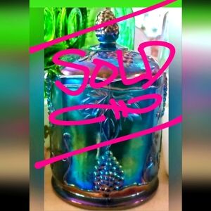 Vintage Indiana Blue Carnival Glass Harvest Grape Canister Jar with Lid 7"